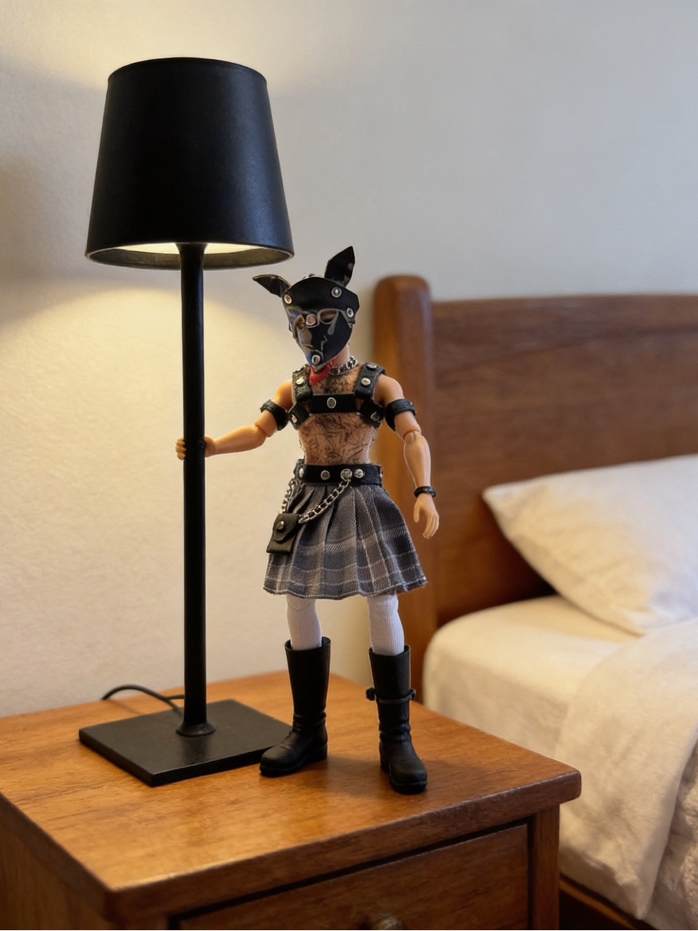 Articulated Puppy Dog-Mask Figure in Gray Plaid Kilt